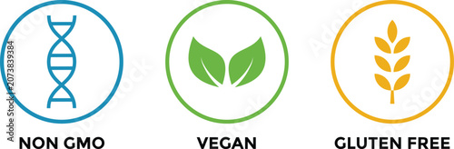 Foto Vegan, Non GMO, Gluten Free icon set