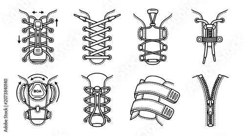 Foto Footwear lacing systems and shoe fastening mechanisms line icons vector set feat