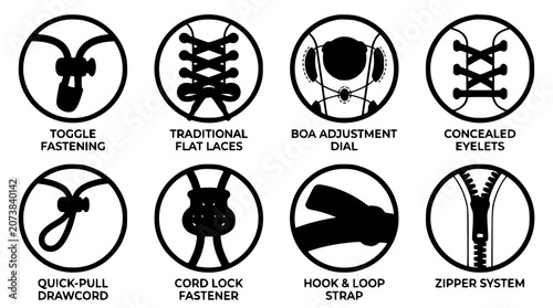 Obraz na plátně Shoe lacing systems and footwear fastening mechanisms line icons vector set feat