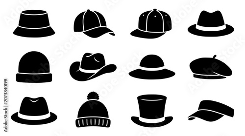 Foto Mens and womens hats silhouette icons vector set featuring cap beanie fedora cow