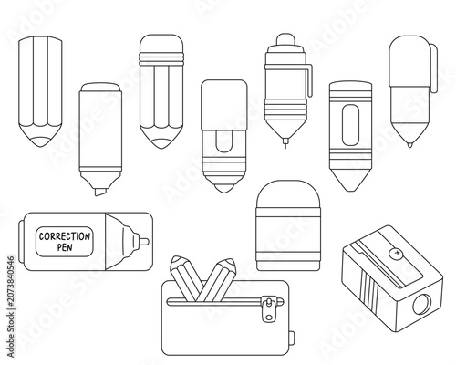 Stationery Outline Set Pencil, Pen, Crayon, Pencil Case, Sharpener, Correction Fluid