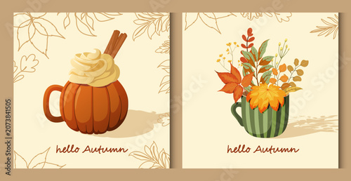 A set of cozy autumn posters featuring a hot drink and cinnamon cream. Vector graphics.

