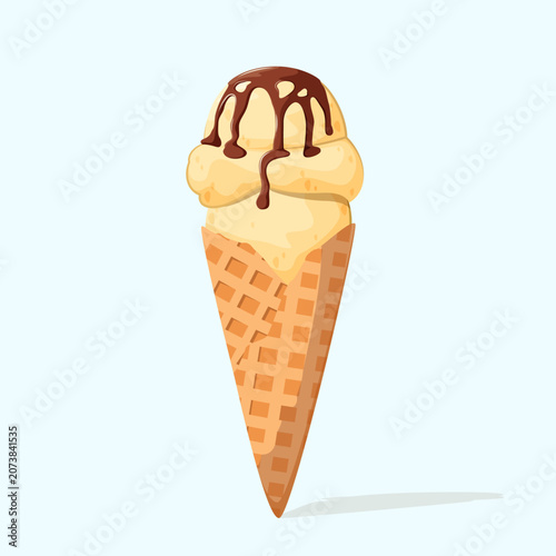 Vanilla ice cream with chocolate glaze in a cone. Summer dessert. Vector illustration.