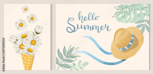 Hello, summer. Poster set with daisies and a hat. Vacation. Vector illustration.
