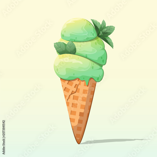 Mint ice cream in a cone. Summer dessert. Vector illustration.
