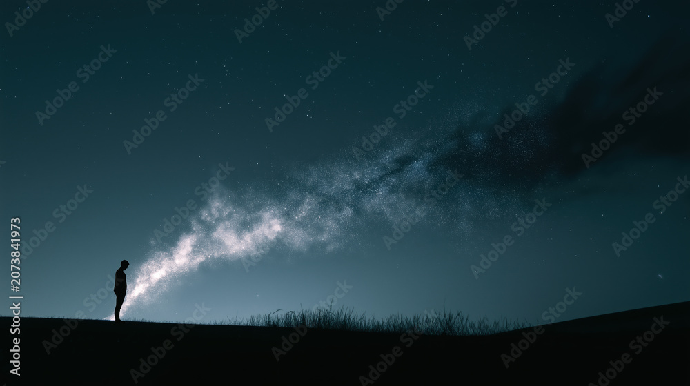 Fototapeta premium A lone figure stands on a hill at night, gazing at a bright, star-filled Milky Way stretching across the dark sky.