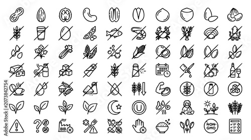 Fotografie Food allergen ingredients and dietary restriction line icon bundle featuring glu