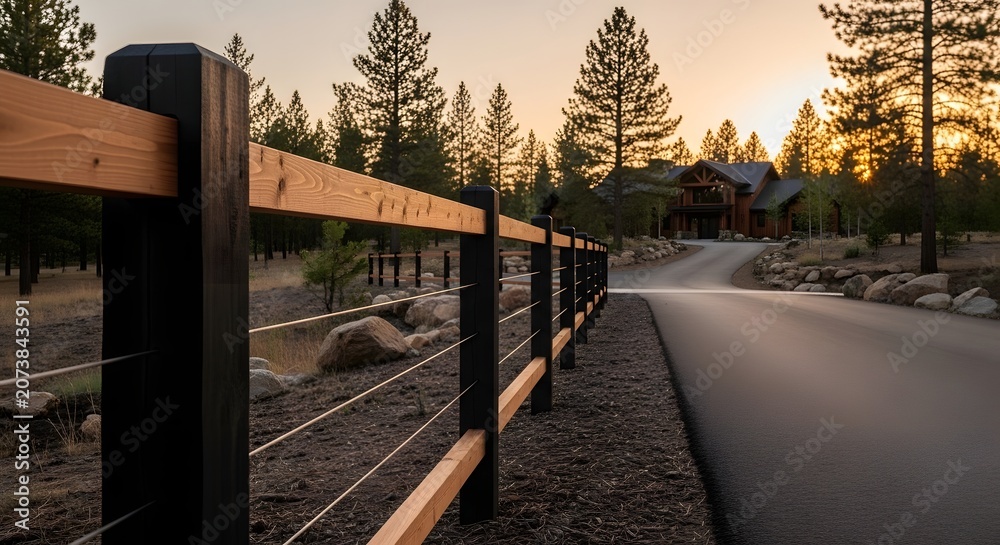 Fototapeta premium Modern wooden fence alongside a winding driveway leading to a house nestled in a pine forest at sunset.