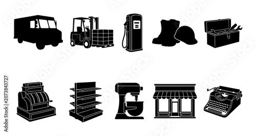 Retail and Industrial Supply Silhouette Icon Set Featuring Delivery Trucks Forklifts and Shop Equipment