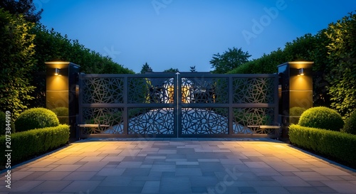 Elegant metal entrance gate at a luxury residential property during the evening twilight.