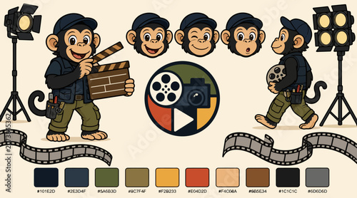 Photography Cartoon Monkey Filmmaker with Movie Equipment and Color Palette.