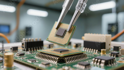 Microchip on circuit board in laboratory with tweezers for electronic assembly and precision testing