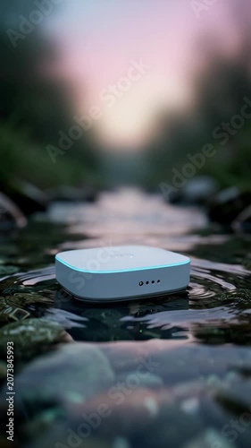 White Tech Device Resting In Forest Stream.