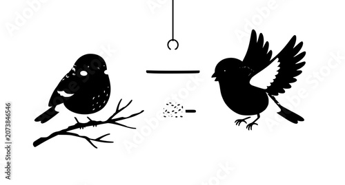 Schilderij op canvas Minimal winter wildlife vector illustration of bullfinches on bird feeder with s