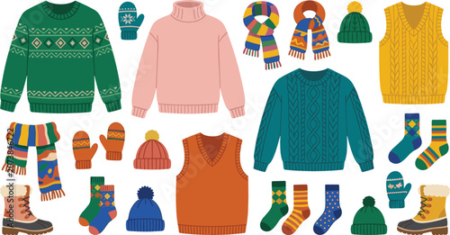 Cozy winter knitwear and warm weather apparel vector illustration set with cable knit sweaters, patterned vests, colorful scarves, boots, beanies, and socks