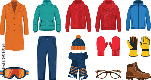 Foto Winter outerwear and cold weather apparel vector illustration set with trench co