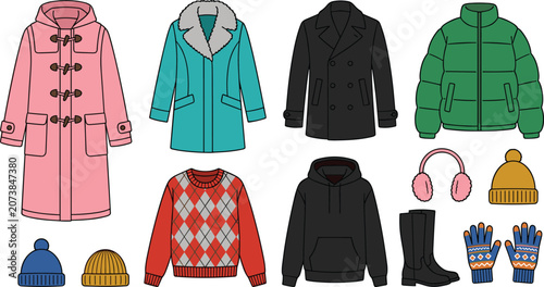Fotografía Winter seasonal outerwear and warm clothing vector illustration set with duffle