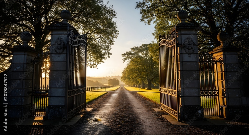 Naklejka premium Grand open gates at the entrance of a long, tree-lined driveway bathed in the warm glow of a misty sunrise.