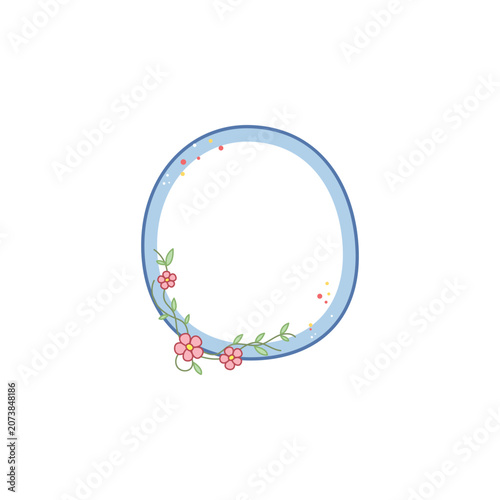 Cute Blue Oval Frame with Pink Floral Vine Vector Illustration