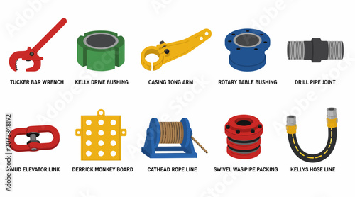 Foto Collection of industrial hardware and pipe fittings illustration.