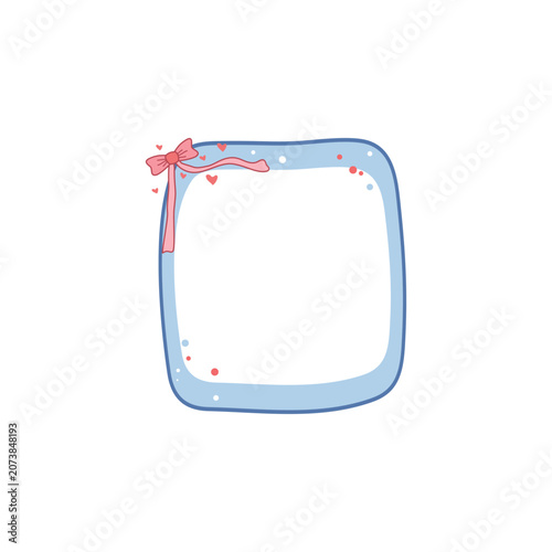 Cute Blue Square Frame with Pink Bow and Hearts Vector Illustration