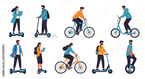 Diverse collection of urban commuters using various sustainable transport methods like bicycles, electric scooters, unicycles, and hoverboards.