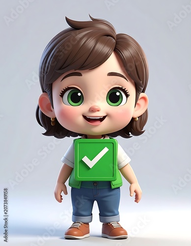 Smiling cartoon child with green checkmark.