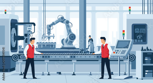 Modern industrial factory setting featuring workers monitoring an automated assembly line with a large robotic arm for manufacturing.