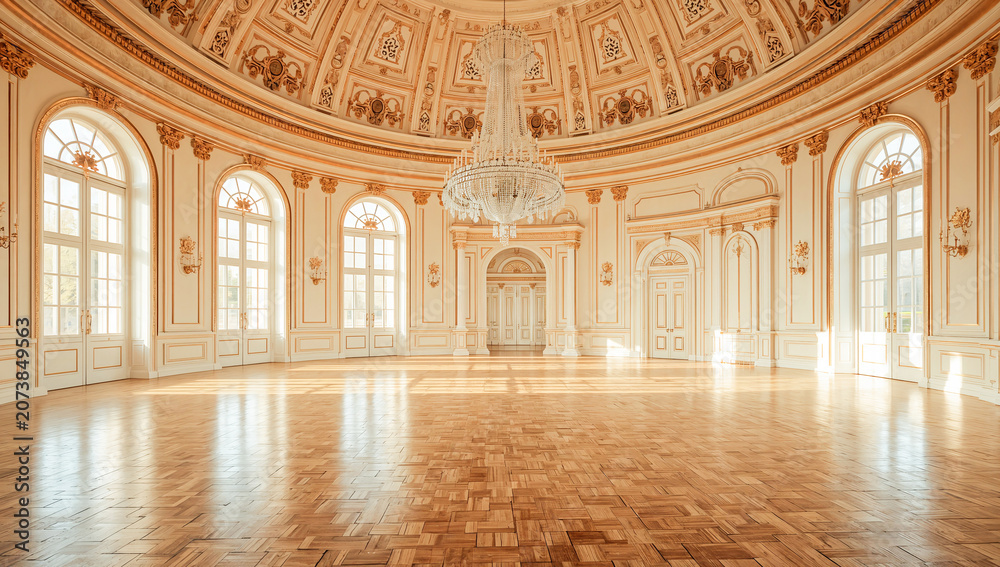 Obraz premium Elegant ballroom with ornate gold detailing and a grand crystal chandelier
