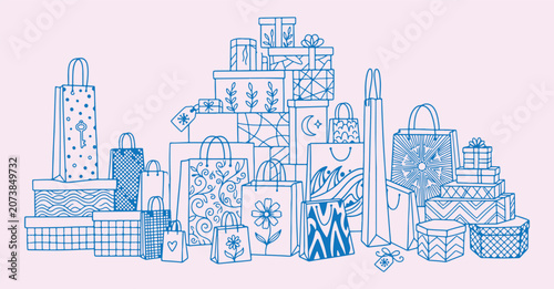 Photos hand drawn shopping bag pattern, retail gift store background, consumer lifestyl