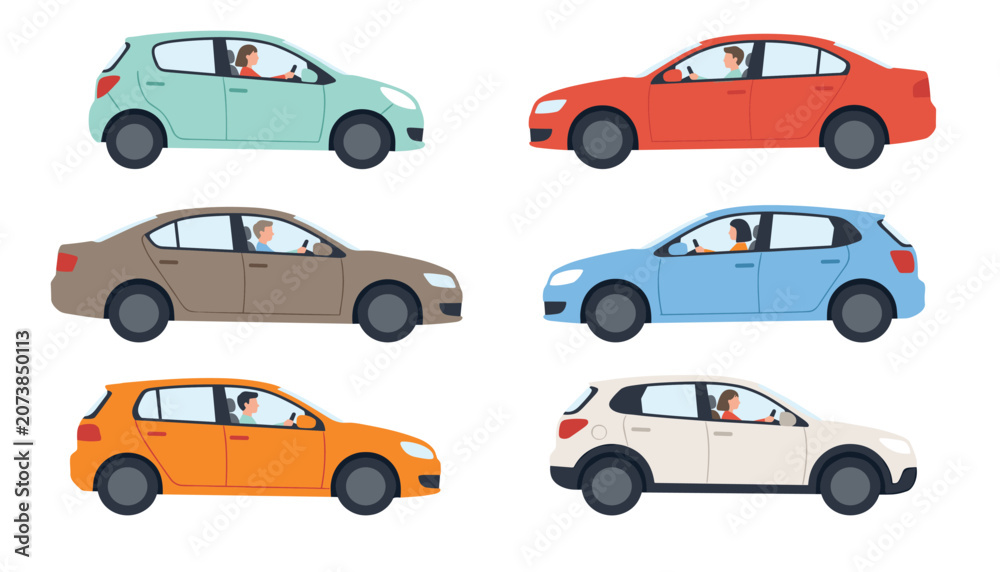 Obraz premium People driving different cars set sedan hatchback suv automobile with driver using phone distracted driving vector illustration
