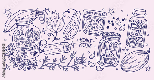 hand drawn heart pickle pattern, funny food sketch background, quirky vegetable icons, healthy snack motif, unique food illustration, pickle art design, creative vegetable texture, artistic pickle gra