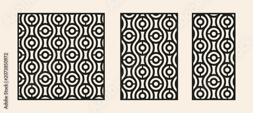 Decorative laser cut panels set. Geometric circle seamless pattern for CNC screen, room divider, fence gate inserts, balcony railing, wall art decor. Vector ornate lattice templates.