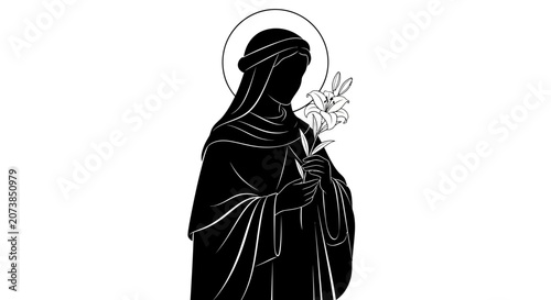 Minimalist black silhouette of a saintly figure holding a lily flower.