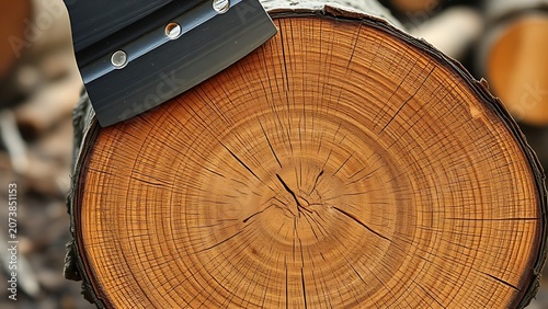 A wooden log cleanly split by an axe, revealing a fresh cross-section.