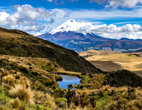 Snowy mountain landscape with serene lake.