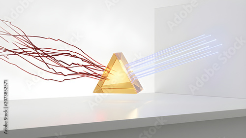 Minimalist surreal photo of a glowing golden prism filtering red corrupted data into pure blue light.