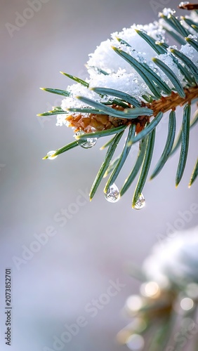 Snowy Pine Needles Closeup Winter Scene.