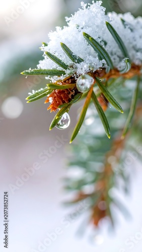 Snowy pine tree branch close-up winter.