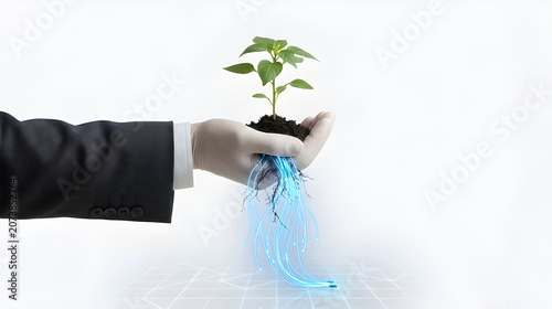Minimalist surreal photo of a suited hand holding a green plant seedling with glowing blue fiber optic roots.
