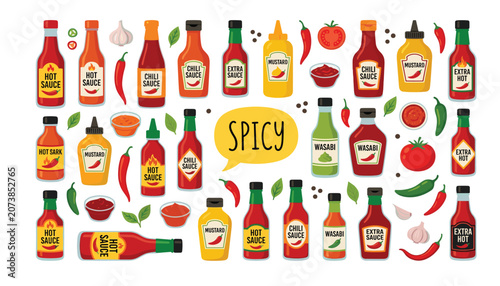 Фотография Spicy hot sauce bottles chili pepper ketchup mustard and wasabi condiment vector