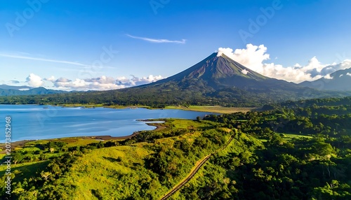 Volcano landscape with lake and forest.