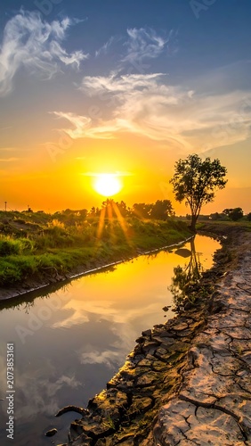 Sunset over serene river landscape scene.