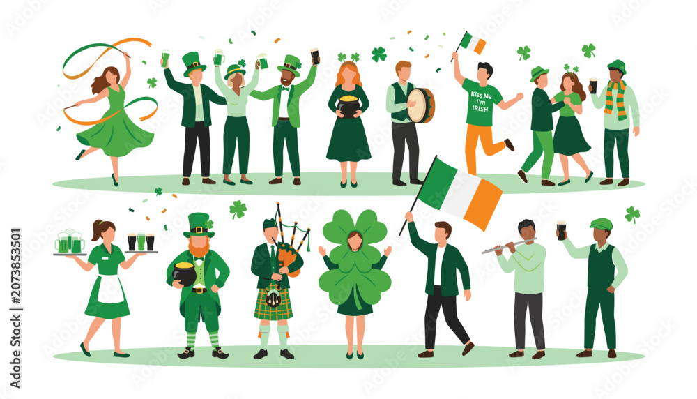 Fototapeta premium Happy diverse people celebrating Saint Patrick Day party dancing playing music drinking green beer festival parade vector set