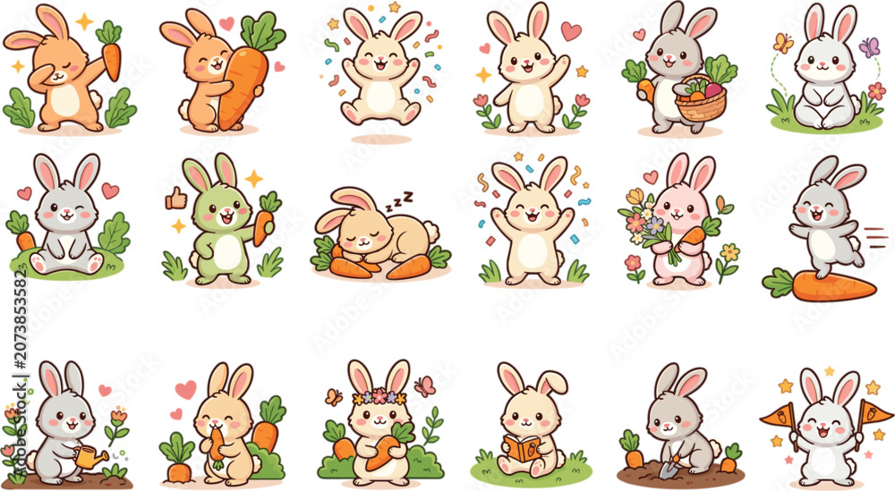 Fototapeta premium Cute Kawaii Bunny Rabbit Character Set with Carrots and Flowers Vector Sticker Collection
