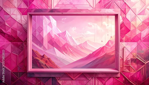 Vibrant pink abstract mountain landscape artwork.