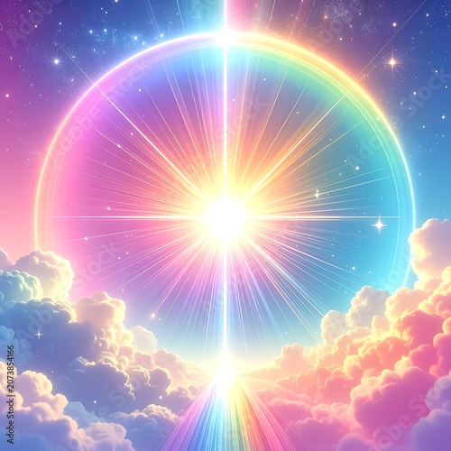 Vibrant Rainbow Sunlight Cloudy Sky Scene.