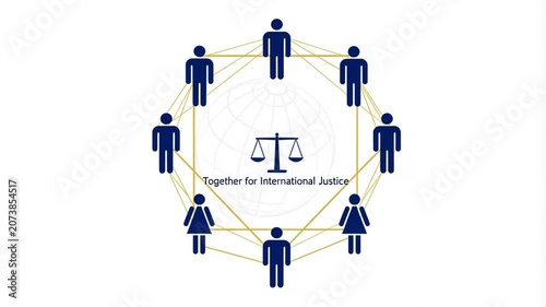 Global network for international justice featuring people icons and scales of law symbolizing world cooperation and human rights