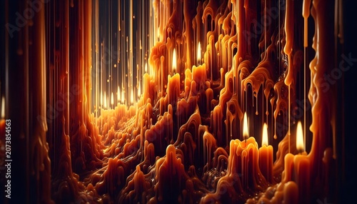 Melted wax forms a mysterious cave landscape with warm orange light in darkness.