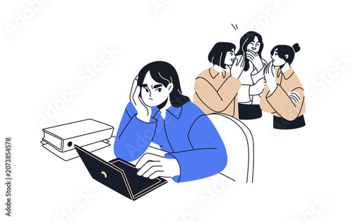 Office gossips. Employee annoyed with colleague team whispering, laughing and...